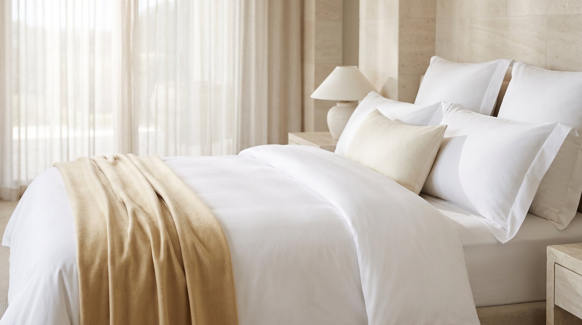 Luxury hotel bed with crisp white linen and a champagne throw